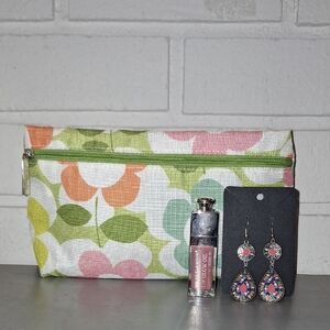 Clinique Floral Bag, Meike Glamour Lip Glow Oil &  Boho Dangle Earrings. New!